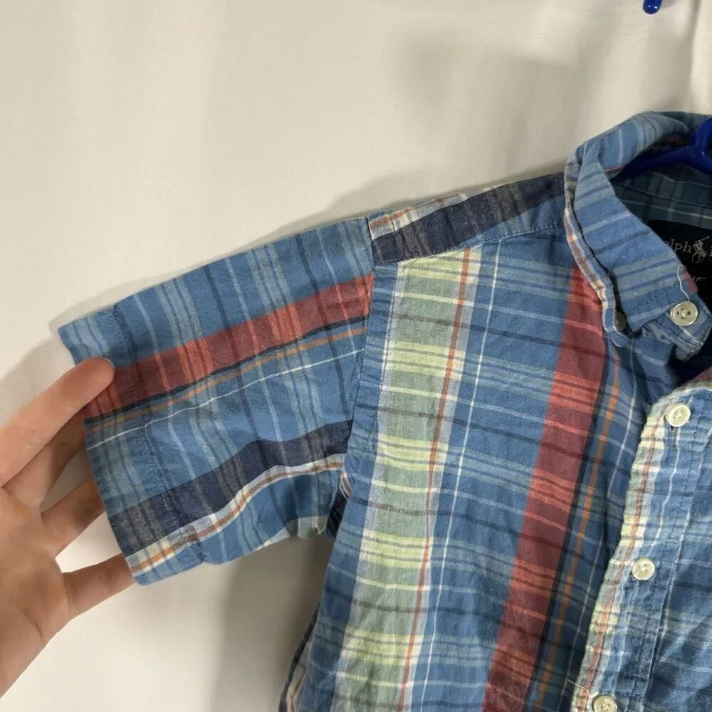 Ralph Lauren Casual Button Up Shirt Boys 4T Blue Plaid Short Sleeve Collared